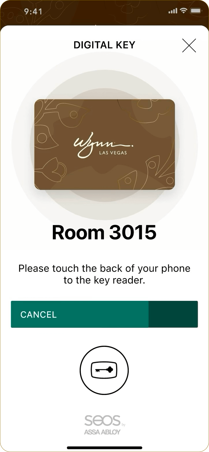 A screen of the digital room key for the wynn
