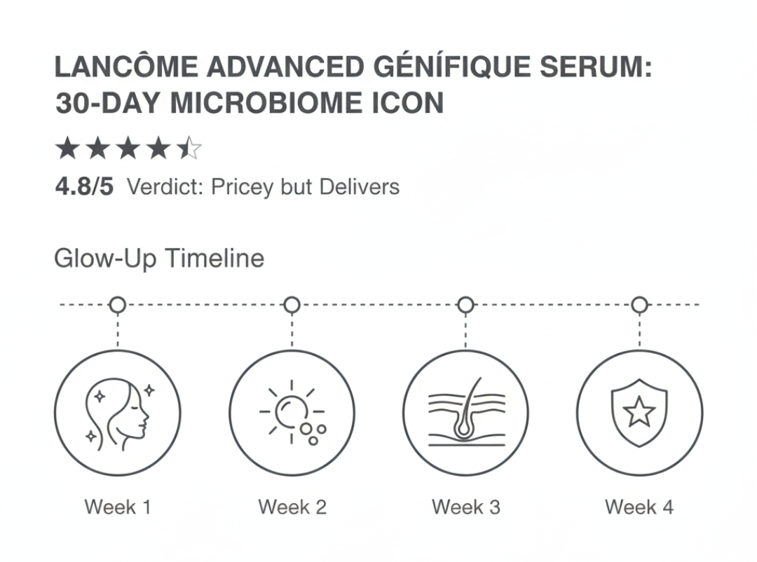 Lancôme Advanced Génifique Serum review infographic showing 4.8/5 rating and 4-week skin improvement timeline.