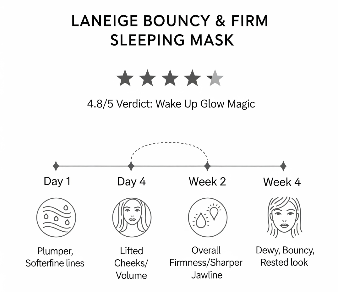 The alt text for this corrected image is: > Laneige Bouncy & Firm Sleeping Mask review infographic showing 4.8/5 rating and timeline progression over Day 1, Day 4, Week 2, and Week 4. > 