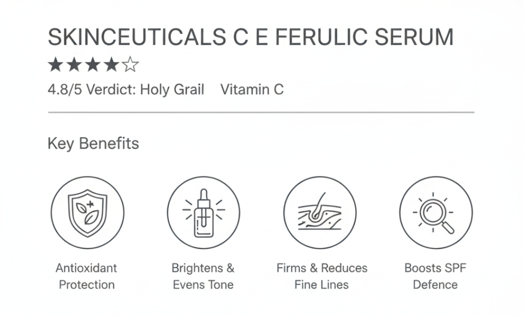 SkinCeuticals C E Ferulic Serum review infographic detailing four key benefits: Brightening Power, Anti-Aging Boost, Protection Mode, and 4.8/5 Holy Grail verdict.