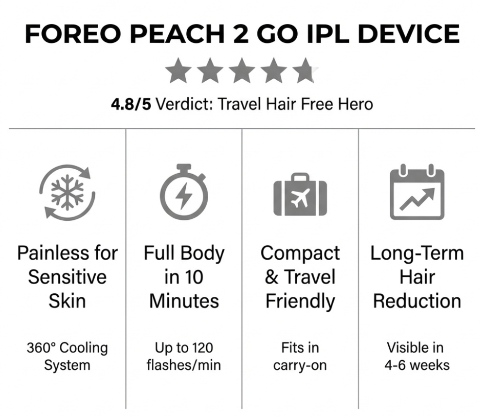 FOREO Peach 2 Go IPL device review infographic showing 4.8/5 rating and four key benefits: Painless cooling, 10-minute full body speed, compact travel design, and long-term hair reduction.