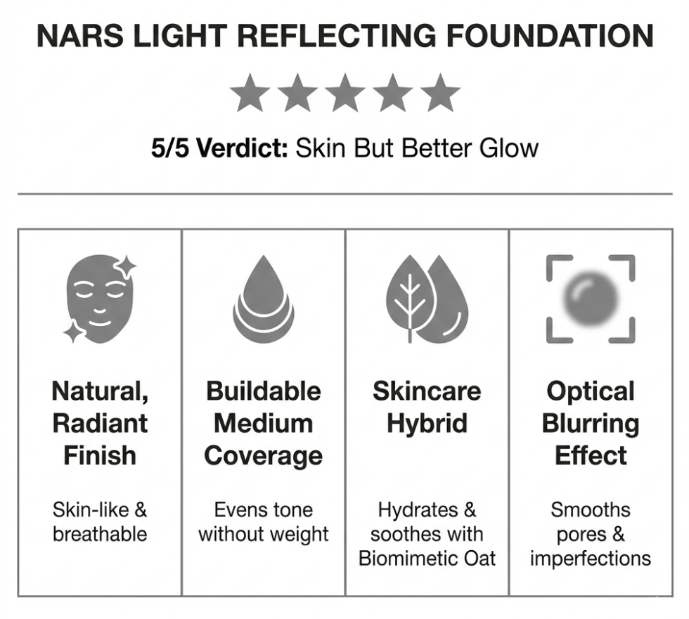 NARS Light Reflecting Foundation review infographic showing a 5/5 rating and four key benefits: Natural radiant finish, buildable medium coverage, hydrating skincare hybrid, and optical blurring effect.