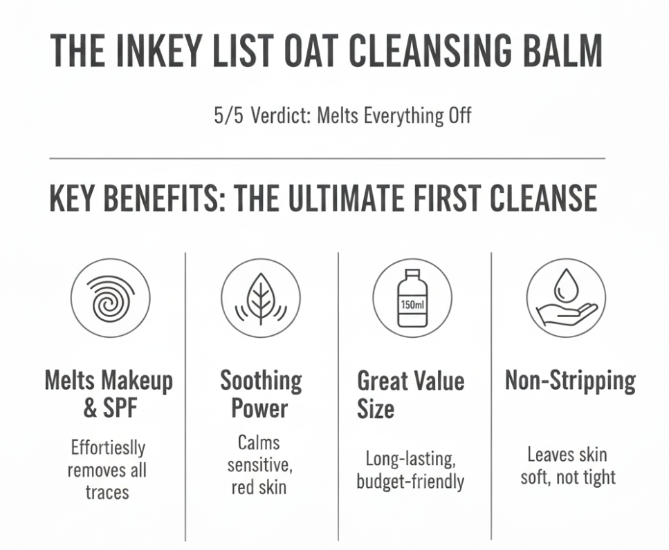 The INKEY List Oat Cleansing Balm review infographic showing a 5/5 rating and four key benefits: Melts makeup and SPF, soothing power for sensitive skin, great value 150ml size, and non-stripping formula that leaves skin soft.