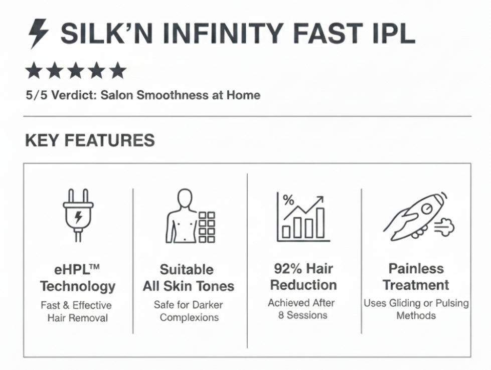 Silk'n Infinity Fast IPL device review infographic showing a 5/5 rating and four key benefits: eHPL Technology for fast results, safe for all skin tones, 92% hair reduction after 8 sessions, and painless gliding or pulsing treatment.
