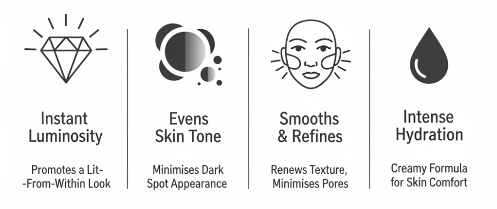 NATURA BISSÉ DIAMOND LUMINOUS MASK infographic designed for social sharing and high-quality traffic. The minimalist design in mid-grey and white highlights four key benefits: 1. Instant Luminosity (Promotes a Lit-From-Within Look). 2. Evens Skin Tone (Minimises Dark Spot Appearance). 3. Smooths & Refines (Renews Texture, Minimises Pores). 4. Intense Hydration (Creamy Formula for Skin Comfort). This luxury mask is key for achieving a flawless, radiant glow.