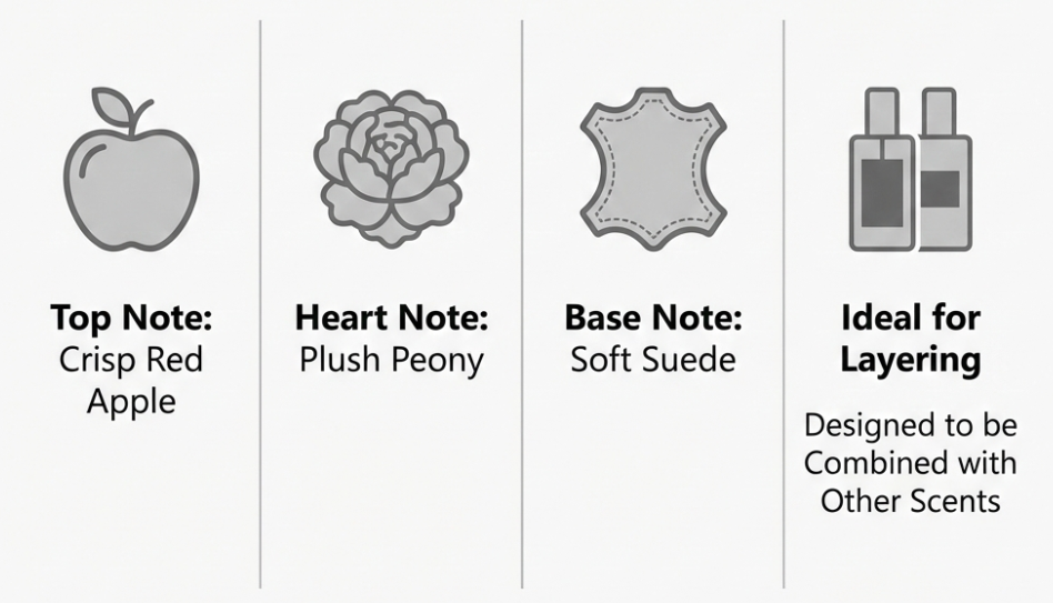 JO MALONE PEONY & BLUSH SUEDE COLOGNE infographic, featuring the four core scent elements in a corrected, clean, mid-grey on white layout: 1. Top Note: Crisp Red Apple (Juicy, Fresh Opening). 2. Heart Note: Plush Peony (Floral, Voluminous, Luxurious). 3. Base Note: Soft Suede (Warm, Velvety, Sensory Hug). 4. Ideal for Layering (Designed to be Combined with Other Scents).