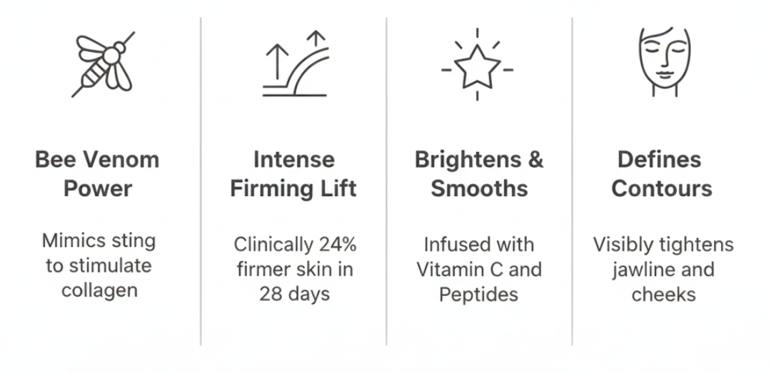 RODIAL BEE VENOM SERUM infographic in a corrected, clean, minimalist, mid-grey on white design, featuring four columns of benefits with simple line icons: 1. Icon of a bee/injection: "Bee Venom Power" (Mimics sting to stimulate collagen). 2. Icon of an upward arrow/lift: "Intense Firming Lift" (Clinically 24% firmer skin in 28 days). 3. Icon of a star/glow: "Brightens & Smooths" (Infused with Vitamin C and Peptides). 4. Icon of a face profile: "Defines Contours" (Visibly tightens jawline and cheeks).