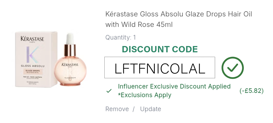Screenshot of Kérastase Gloss Absolu Glaze Drops Promo Code applied in basket