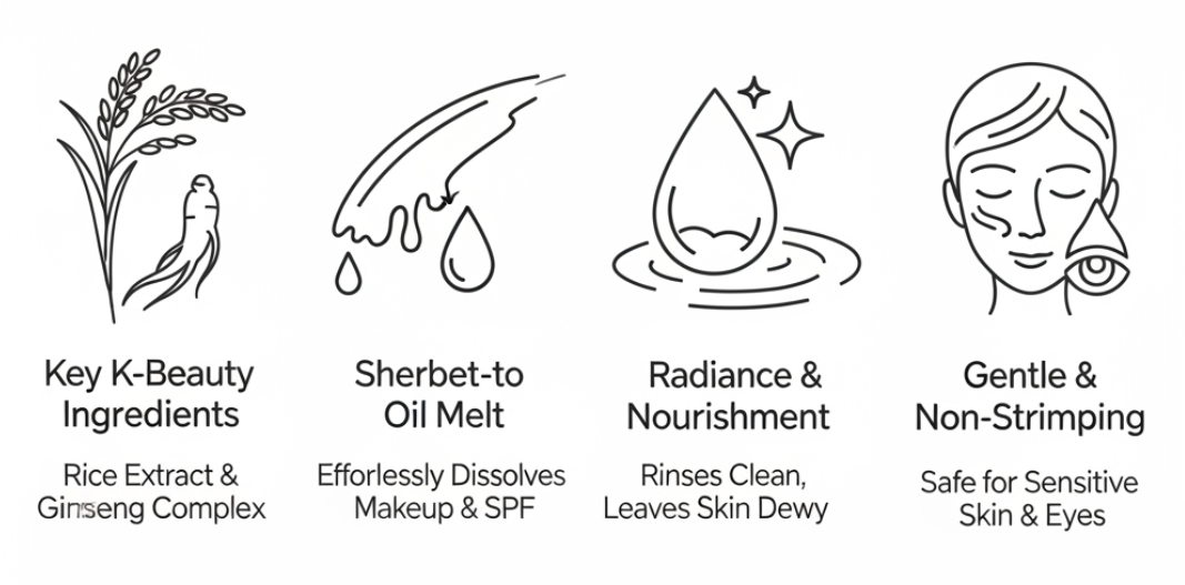  BEAUTY OF JOSEON RADIANCE CLEANSING BALM infographic showcasing why this K-Beauty balm is a holy grail. Features include: 1. Key K-Beauty Ingredients (Rice Extract & Ginseng Complex). 2. Sherbet-to-Oil Melt (Effortlessly Dissolves Makeup & SPF). 3. Radiance & Nourishment (Rinses Clean, Leaves Skin Dewy). 4. Gentle & Non-Stripping (Safe for Sensitive Skin & Eyes). Buy this product now for a fantastic skincare savings or check for my discount code.