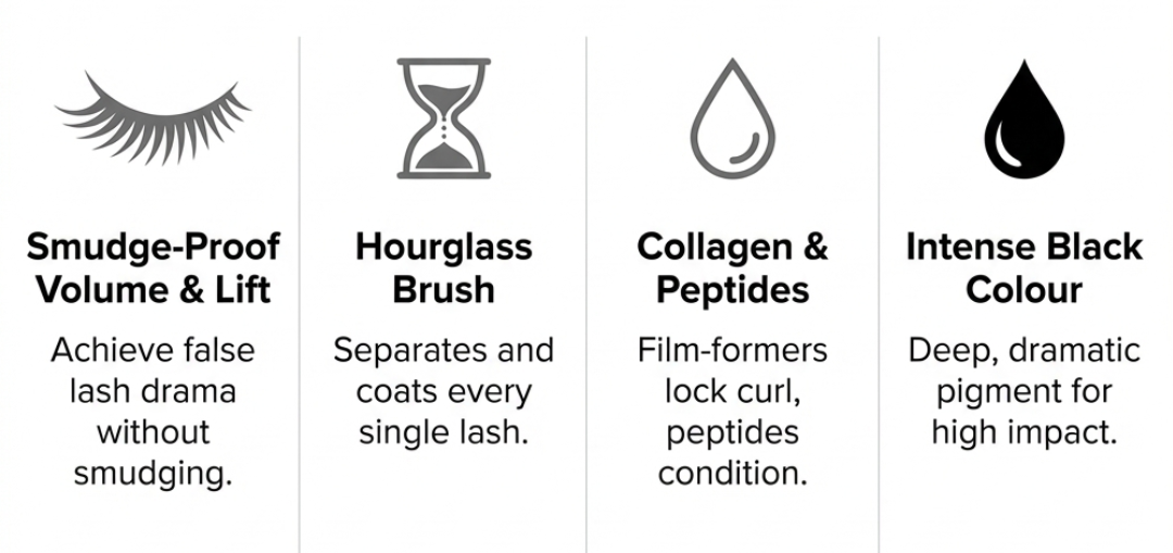 TOO FACED BETTER THAN SEX MASCARA infographic highlighting extreme volume and lash separation: 1. Extreme Volume & Lift (Achieves false lash drama). 2. Hourglass Brush (Separates and coats every lash). 3. Conditioning Formula (Peptide-powered for curl and strength). 4. Smudge-Proof Wear (All-day definition). Find the best savings, promos, and offers on Too Faced products