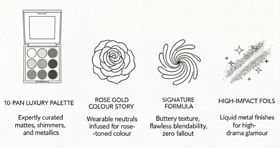 PAT MCGRATH MOTHERSHIP IX: THE DIVINE ROSE infographic detailing the 10-pan luxury palette. Features include: 1. 10-Pan Luxury Palette (Mattes, shimmers, metallics). 2. Rose Gold Colour Story (Wearable rose-toned colour). 3. Signature Formula (Buttery, blendable). 4. High-Impact Foils (Liquid metal finishes).