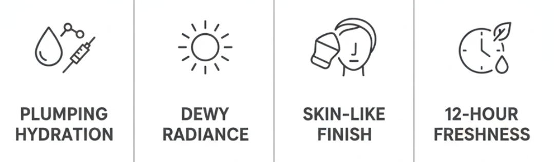 L'Oreal Paris True Match Nude Plumping Tinted Serum infographic highlighting the hybrid skincare-makeup benefits from Nicola Londors' review. Key features: 1. 1% Hyaluronic Acid (Deeply hydrates and plumps for a juicy, healthy look). 2. Dewy Radiance (Light-reflecting pigments for an instant, natural glow). 3. Skin-Like Finish (Buildable coverage that never looks cakey or mask-like). 4. 12-Hour Freshness (Stays fresh and dewy all day without needing touch-ups).