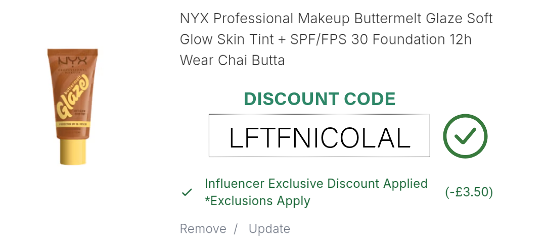 Screenshot of NYX Buttermelt Glaze Skin Tint discount applied in shopping basket