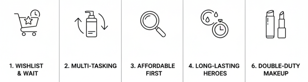 Infographic sharing smart shopping tips on how to save money on beauty products from Nicola Londors. The guide features practical habits: 1. Build a Wishlist (Wait for offers to avoid impulse buys). 2. Multi-Tasking Heroes (Use double-duty products like Drunk Elephant D-Bronzi). 3. Affordable Alternatives (Swap for high-performing budget picks like The Inkey List). 4. Strategic Shopping (Check for promos and samples at major retailers).