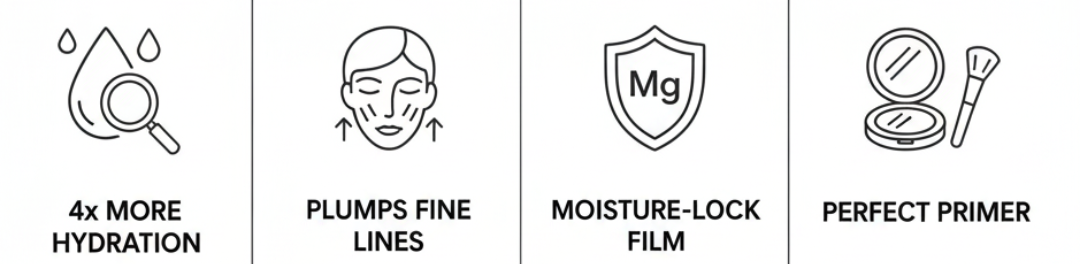 The INKEY List Polyglutamic Acid Serum infographic showcasing the dewy skin benefits from Nicola Londors' review. Key features: 1. Power Hydrator (Holds 4x more moisture than hyaluronic acid). 2. Bouncy Skin (Visibly smooths and plumps for a fresh look). 3. Locks in Moisture (Weightless film for all-day hydration). 4. Dewy Finish (Perfect base for a natural glow).