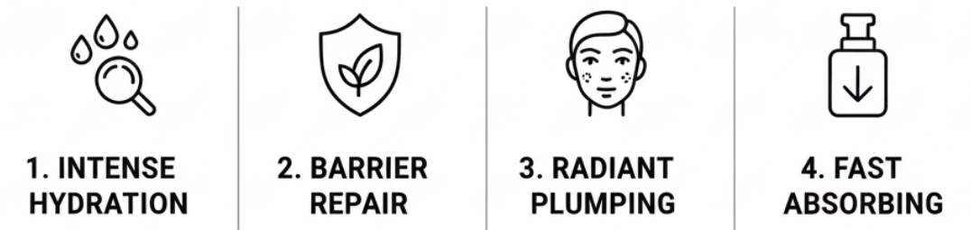 COSRX Advanced Snail 96 Mucin Power Essence infographic highlighting the viral K-beauty benefits from Nicola Londors' review. Key features: 1. Intense Hydration (96% snail secretion filtrate to deeply quench skin). 2. Barrier Repair (Soothes red, sensitive skin and restores the barrier). 3. Radiant Plumping (Visibly reduces fine lines for a glass-skin glow). 4. Fast Absorbing (Lightweight, non-greasy formula that sinks in instantly). 