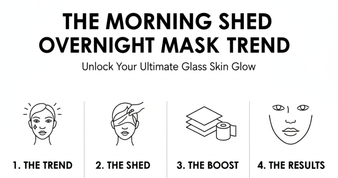 The Morning Shed overnight mask trend infographic showcasing the viral TikTok skincare routine from Nicola Londors' review. Key steps: 1. Apply Mask (Thick layer of hydrogel or collagen before bed). 2. Sleep & Seal (Let it dry into a film; use the cling film hack for max results). 3. The Morning Shed (Gently peel off the film to reveal glass skin). 4. Reveal Glow (Instant plumping and deep hydration).