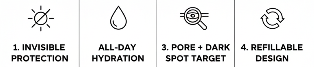 Fenty Skin Hydra Vizor Invisible Moisturizer SPF 30 infographic highlighting the hydration and sun protection benefits from Nicola Londors' review. Key features: 1. Invisible Protection (SPF 30 with no flashback on all skin tones). 2. All-Day Hydration (Lightweight moisturizer for a fresh glow). 3. Pore Refiner (Targets pores and dark spots while brightening). 4. Refillable Design (Eco-friendly, chic packaging designed for life).