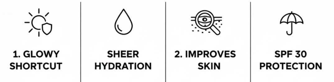 NARS Pure Radiant Tinted Moisturiser SPF 30 infographic highlighting the glowy shortcuts and skincare benefits from Nicola Londors' review. Key features: 1. Radiant Finish (Provides a natural, luminous glow and sheer coverage). 2. Broad Spectrum SPF 30 (Protects against sun damage and environmental stressors). 3. Hydration Boost (Enriched with naturally derived botanicals to quench skin). 4. Smoother Texture (Visibly reduces the appearance of dark spots and pores). Secure the best NARS savings on my review page