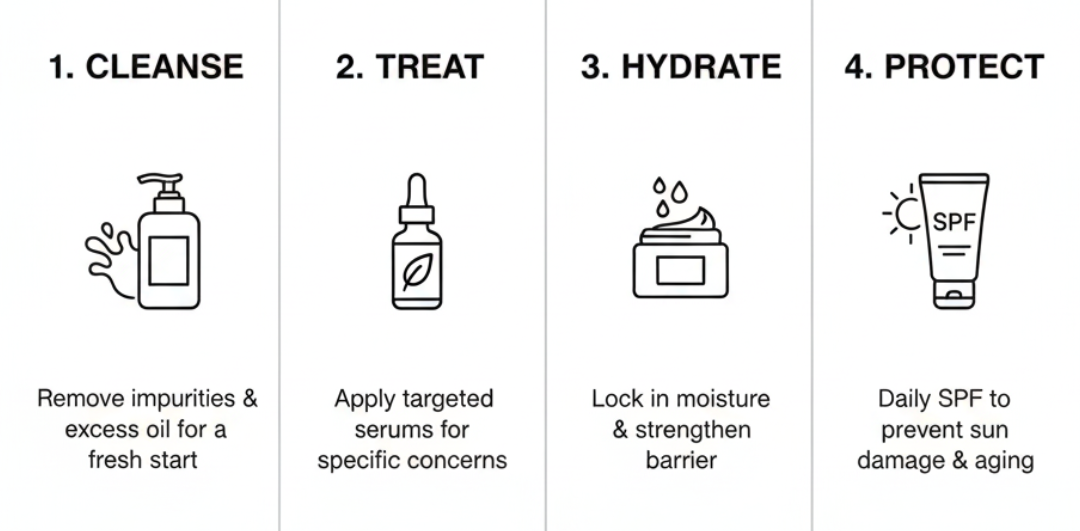 Simple Skincare Routine infographic highlighting the essential steps for healthy skin from Nicola Londors' guide. Key steps: 1. Cleanse (Remove impurities and excess oil for a fresh base). 2. Treat (Apply targeted serums to address specific skin concerns). 3. Moisturise (Lock in hydration and strengthen the skin barrier). 4. Protect (Essential SPF to prevent sun damage and premature ageing).