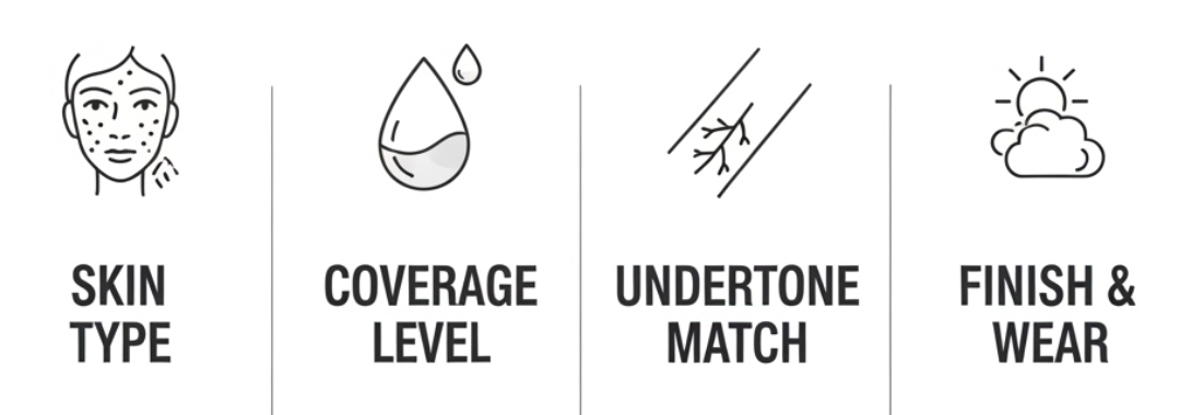 How to Choose the Right Foundation infographic outlining the essential steps for finding your perfect match from Nicola Londors' guide. Key steps: 1. Skin Type (Determine if you need matte, dewy, or satin based on your needs). 2. Coverage Level (Select sheer, medium, or full coverage for your desired look). 3. Undertone Match (Identify cool, warm, or neutral tones for a seamless blend). 4. Finish & Wear (Consider the lighting and how long you need your make-up to last). Secure the best foundation savings and offers at Look Fantastic or explore Sephora UK for the latest makeup promos and discounts with my code.