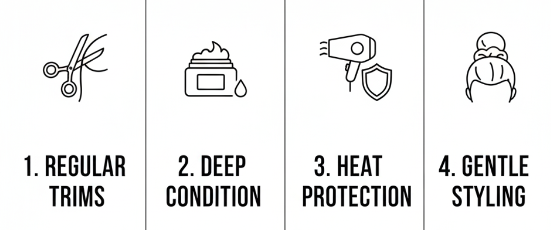 Damaged Hair Care Guide infographic outlining the essential steps to restore and protect hair health from Nicola Londors' expert advice. Key steps: 1. Regular Trims (Remove split ends to prevent further breakage). 2. Deep Condition (Restore moisture and elasticity with intensive masks). 3. Heat Protection (Shield strands from styling damage with protective sprays). 4. Gentle Styling (Minimise tension with silk accessories and loose styles).