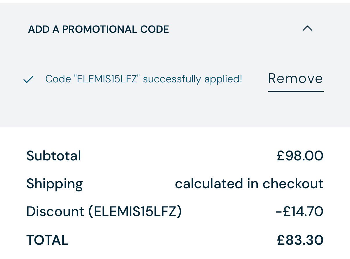 Screenshot of ELEMIS15LFZ 15% off applied – 2026
