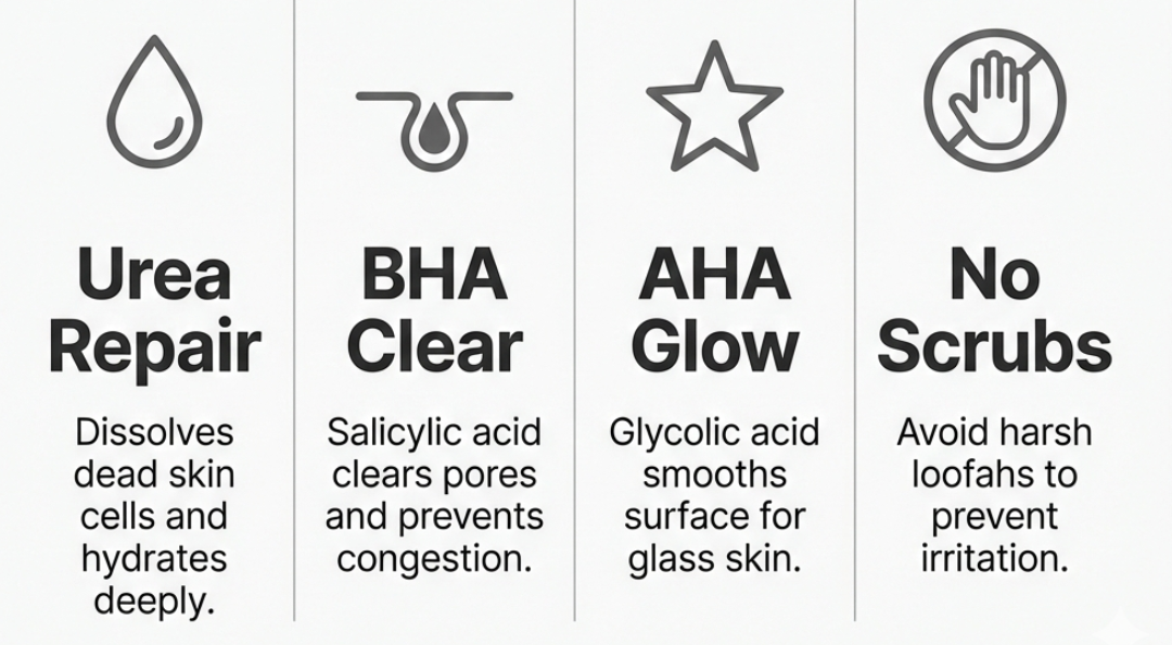 Body Texture Architect infographic summarizing the solutions for Strawberry Skin and KP. Key steps: 1. Urea Repair (High concentrations dissolve the glue holding dead skin together). 2. BHA Clear (Oil-soluble Salicylic Acid enters pores to clear congestion and bacne). 3. AHA Glow (Lactic and Glycolic acids for glass-like surface radiance). 4. Zero Scrubs (Avoid physical loofahs to prevent inflammation).