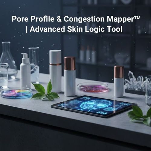 A high-tech, square aesthetic image titled 'Pore Profile & Congestion Mapper™ | Advanced Skin Logic Tool' in clean white sans-serif text; the scene features clinical, unbranded white and rose-gold bottles on a dark stone counter alongside a digital tablet displaying a neon-blue facial analysis map