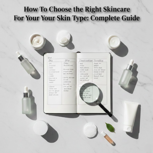A square aesthetic flat-lay titled 'How To Choose the Right Skincare For Your Skin Type: Complete Guide' in clean black serif text; the marble surface features an open notebook with handwritten skincare categories, a magnifying glass, and unbranded white and frosted glass bottles