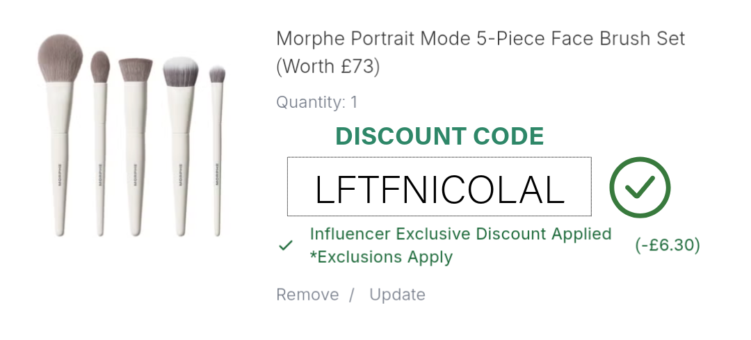 Screenshot of Morphe Portrait Mode 5-Piece Face Brush Set Discount Code applied in basket