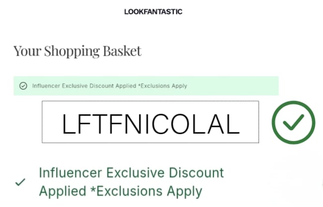 Screenshot of Basket showing Look Fantastic Discount Code Applied (April 2026)
