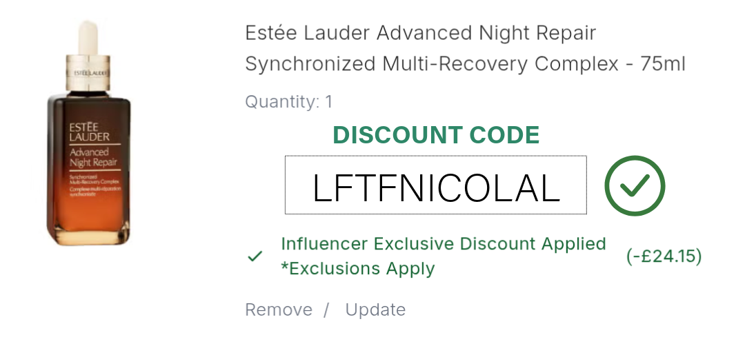 Screenshot of Estée Lauder Advanced Night Repair Serum Discount Code applied in basket