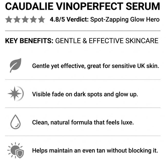 Caudalie Vinoperfect Brightening Serum review showing key benefits and rating