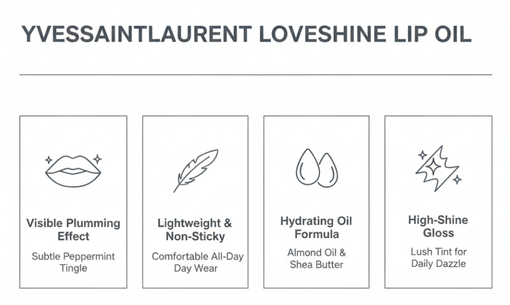YSL Loveshine Plumping Lip Oil Gloss four key benefits: Visible Plumping Effect, non sticky Formula, Hydrating Oil Formula, High Shine Gloss