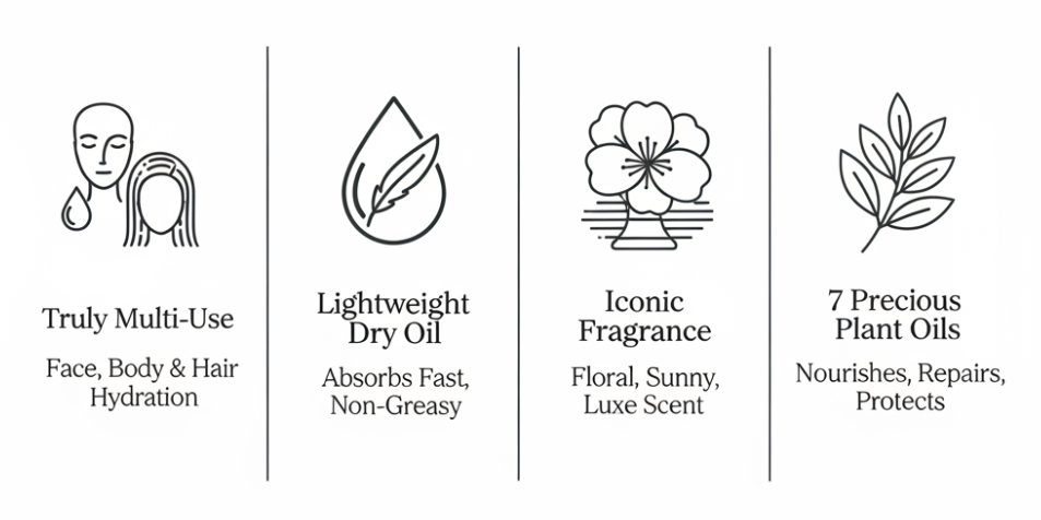 NUXE Huile Prodigieuse Multi-Purpose Dry Oil infographic. The title is centered above four columns, each separated by a vertical divider line. Column 1: Icon of a face, body, and hair, with text Truly Multi-Use and Face, Body and Hair Hydration. Column 2: Icon of an oil drop and feather, with text Lightweight Dry Oil and Absorbs Fast, Non-Greasy. Column 3: Icon of a flower, with text Iconic Fragrance and Floral, Sunny, Luxe Scent. Column 4: Icon of a plant branch, with text 7 Precious Plant Oils and Nourishes, Repairs, Protects. All elements are rendered in a mid-grey color on a white background.