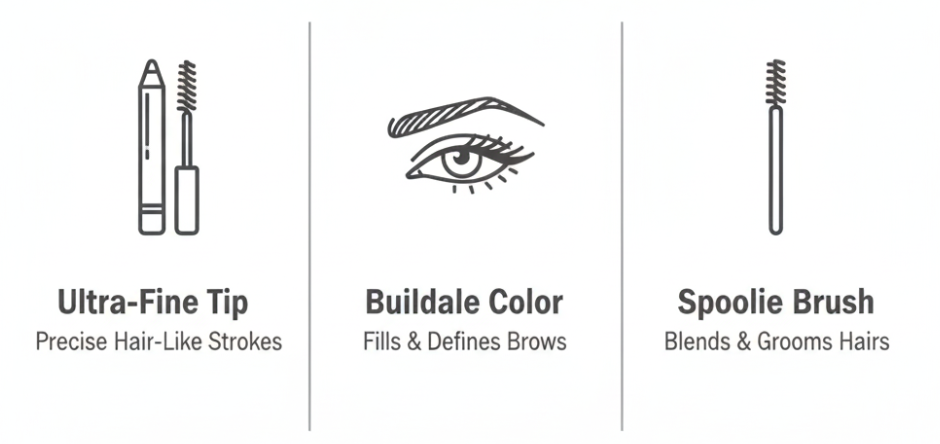 ANASTASIA BEVERLY HILLS BROW WIZ infographic featuring four columns in a clean, mid-grey-on-white style. The features include: Ultra Slim Tip (Creates Hair-Like Strokes), Precise Definition (for sparse or full brows), Long-Lasting Wear (Smudge/Waterproof Formula), and Dual-Ended Design (Spoolie Blends for Natural Finish).