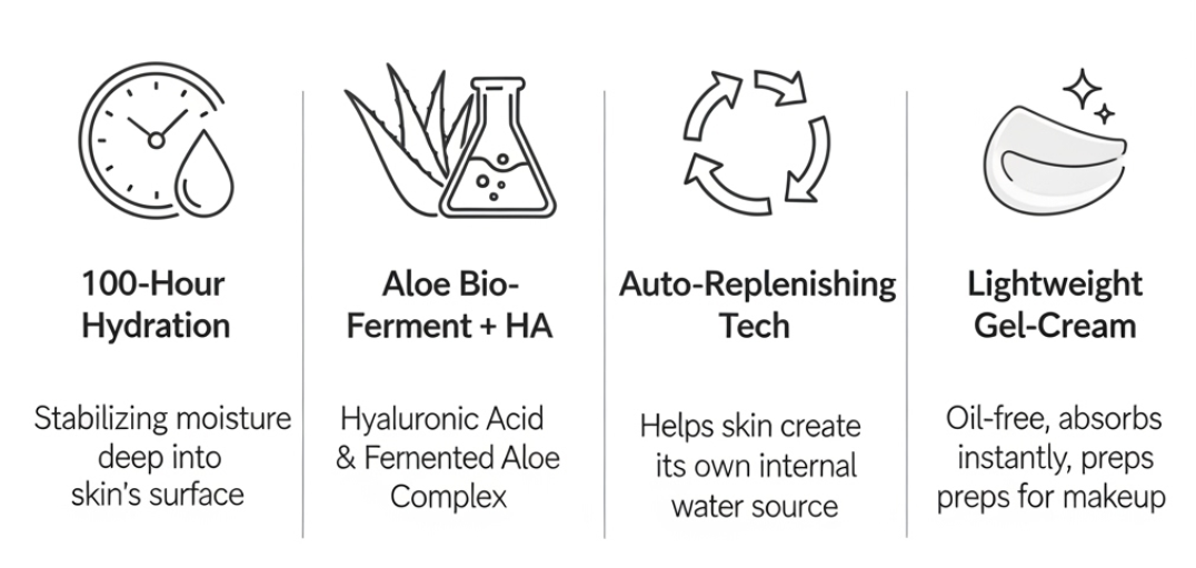 CLINIQUE MOISTURE SURGE 100H HYDRATOR infographic detailing its superior hydration benefits: 1. 100-Hour Hydration (Stabilizing moisture deep into the skin). 2. Aloe Bio-Ferment + HA (Featuring Hyaluronic Acid & Fermented Aloe Complex). 3. Auto Replenishing Tech (Helps skin create its own internal water source). 4. Lightweight Gel-Cream (Oil-free, absorbs instantly, great makeup primer). Find current offers and amazing savings on this Clinique hydrator