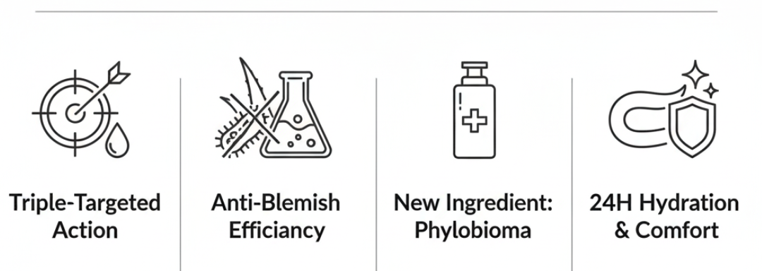 Effaclar Duo+M triple-action infographic showing anti-blemish, anti-redness, and anti-relapse benefits plus key ingredient niacinamide
