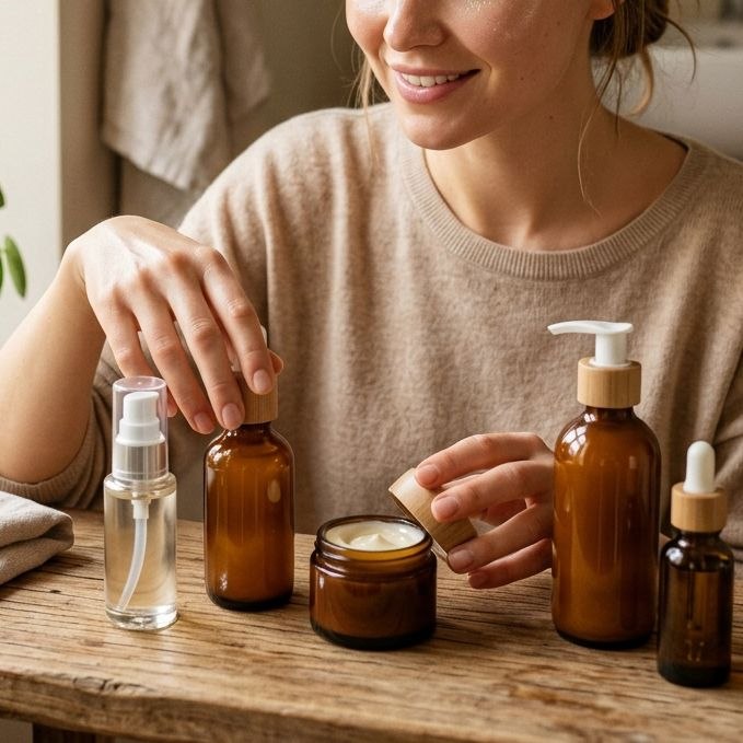 Smiling woman arranging amber glass skincare bottles and a cream jar on a rustic wooden table