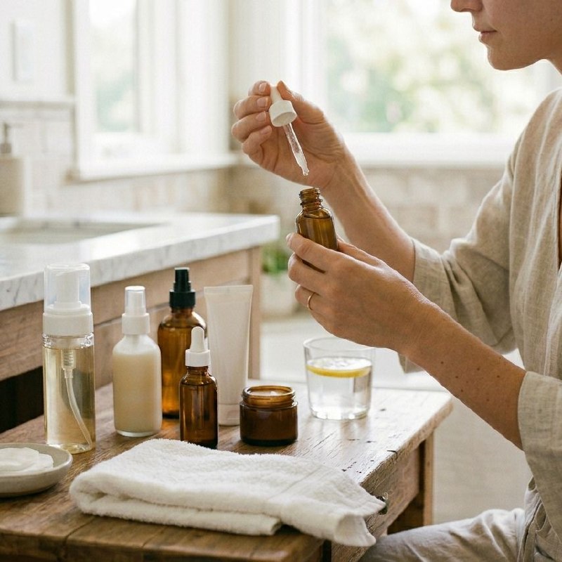 Person using skincare dropper over amber glass bottle on wooden vanity with beauty products and white towel