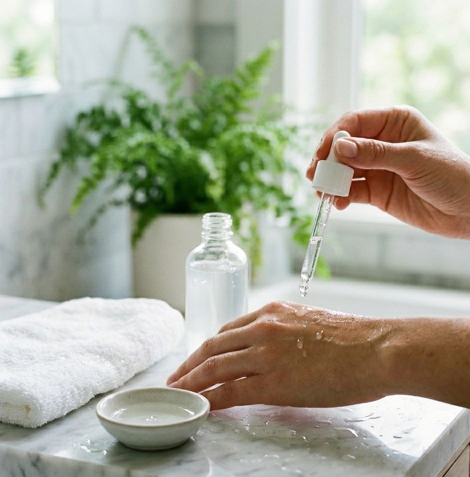 Person applying clear skincare serum from glass dropper onto skin in bright bathroom