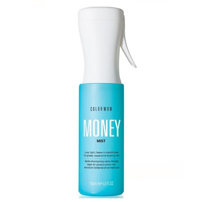 The vibrant purple spray bottle of the Color Wow Money Mist Leave-In Conditioner. Read my full review and find a working discount code for fantastic promos and savings on this best leave-in conditioner for frizzy hair