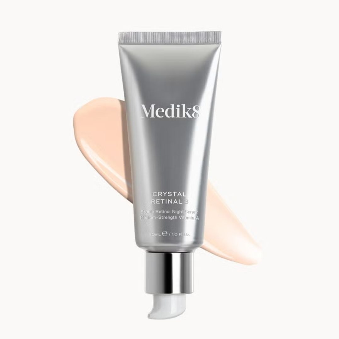 Medik8 Crystal Retinal 3 serum bottle with soft lighting, showcasing the packaging