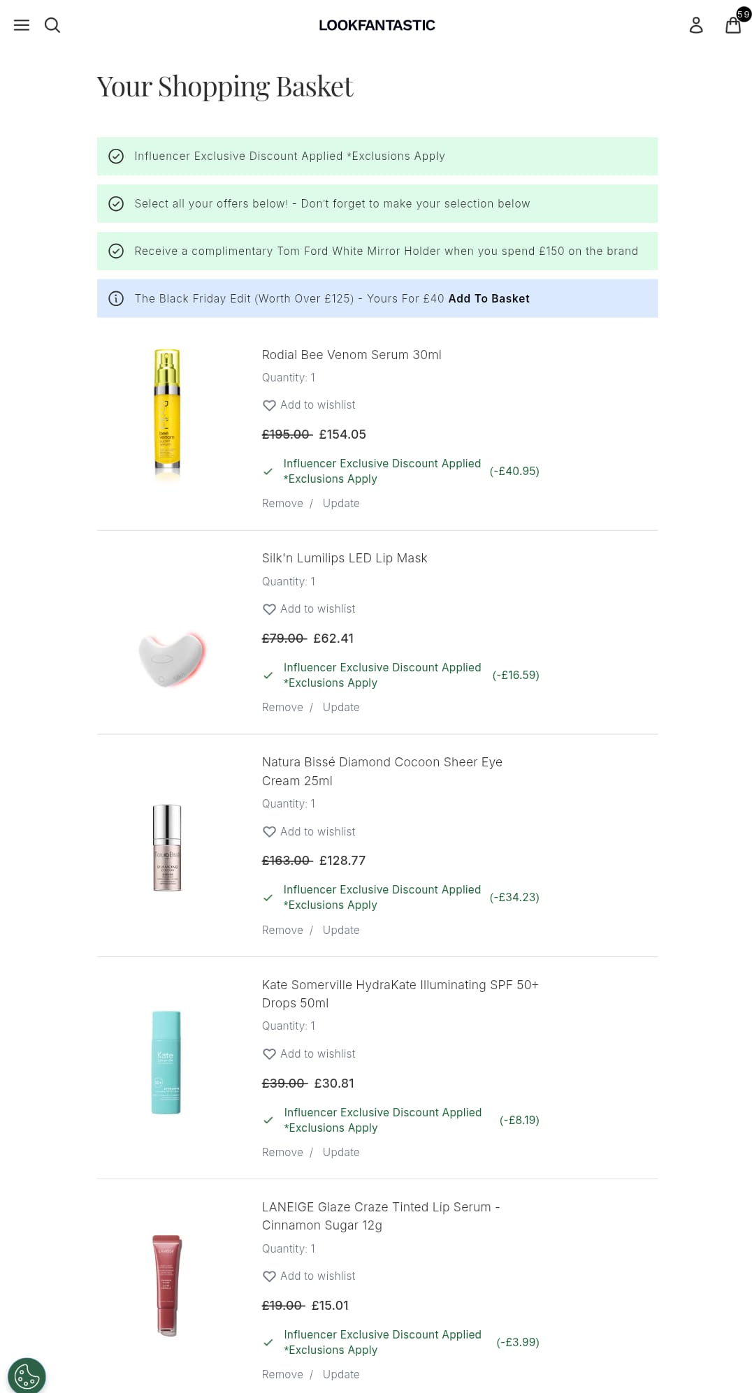 Lookfantastic basket screenshot, showing code LFTFNICOLAL being accepted before payment.