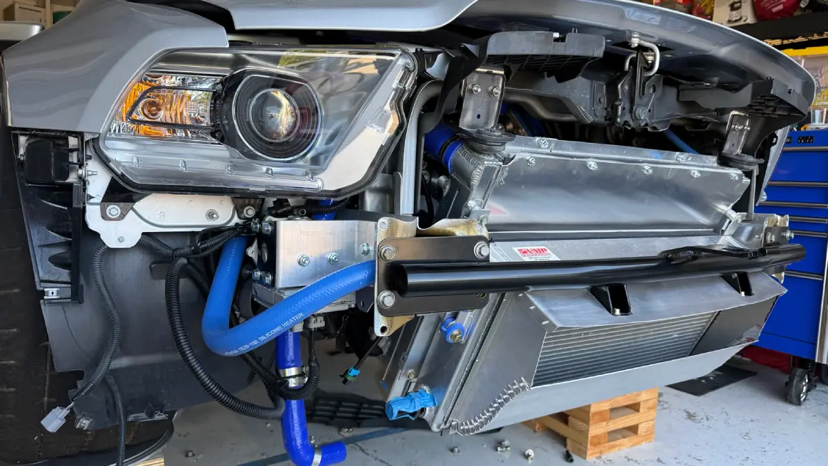 Custom radiator and heat exchanger ducting on a 2012 Shelby GT500 track car