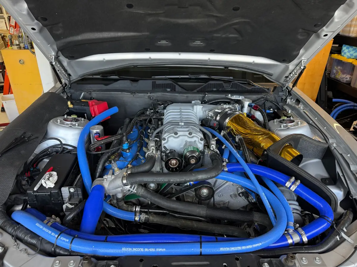 GT500 engine bay during reassembly, with the shorter green belt installed, blue coolant hoses and a gold-wrapped intake.