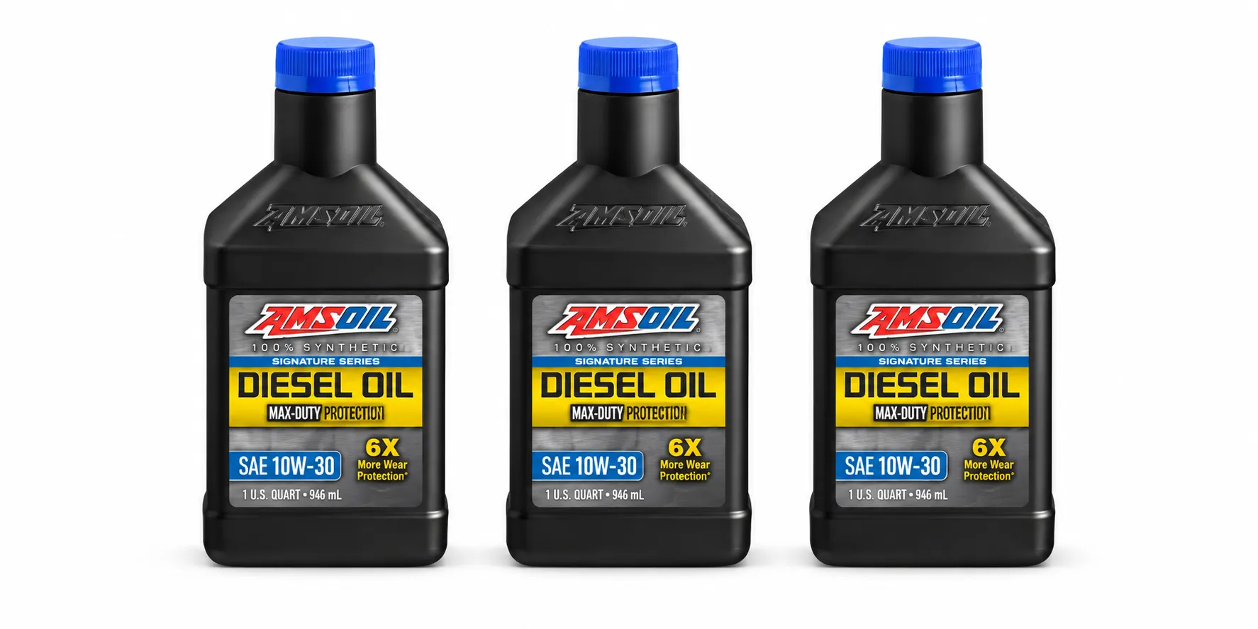 Three AMSOIL Signature Series Max-Duty 10W-30 diesel oil quart bottles