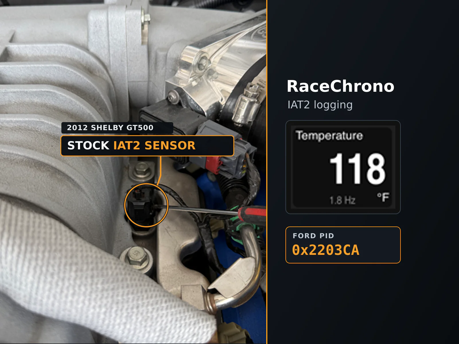 Stock IAT2 sensor location on a 2012 Shelby GT500 beside its 118°F temperature reading in RaceChrono.