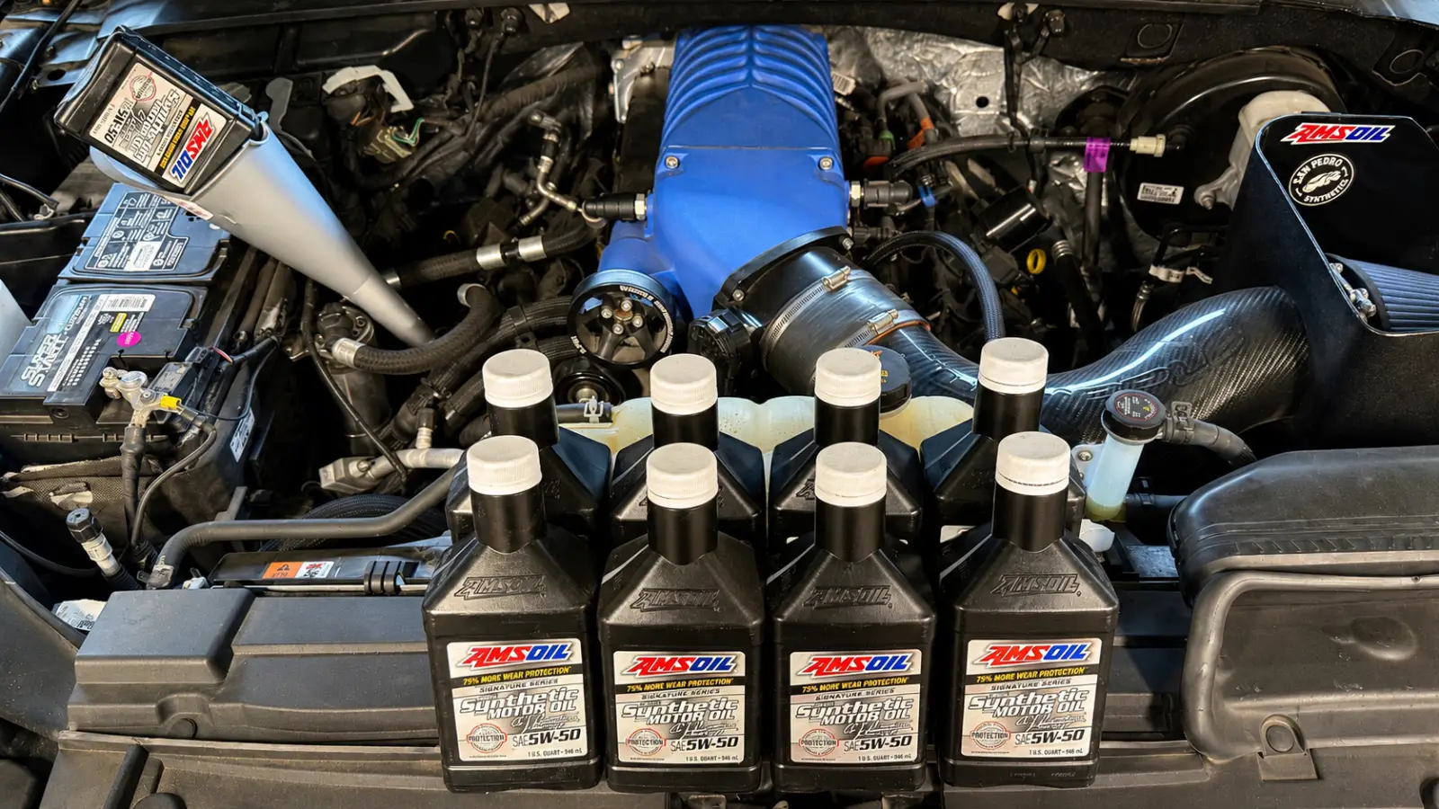 AMSOIL oil and filter used for a Whipple-supercharged 2019 Ford F-150 oil change